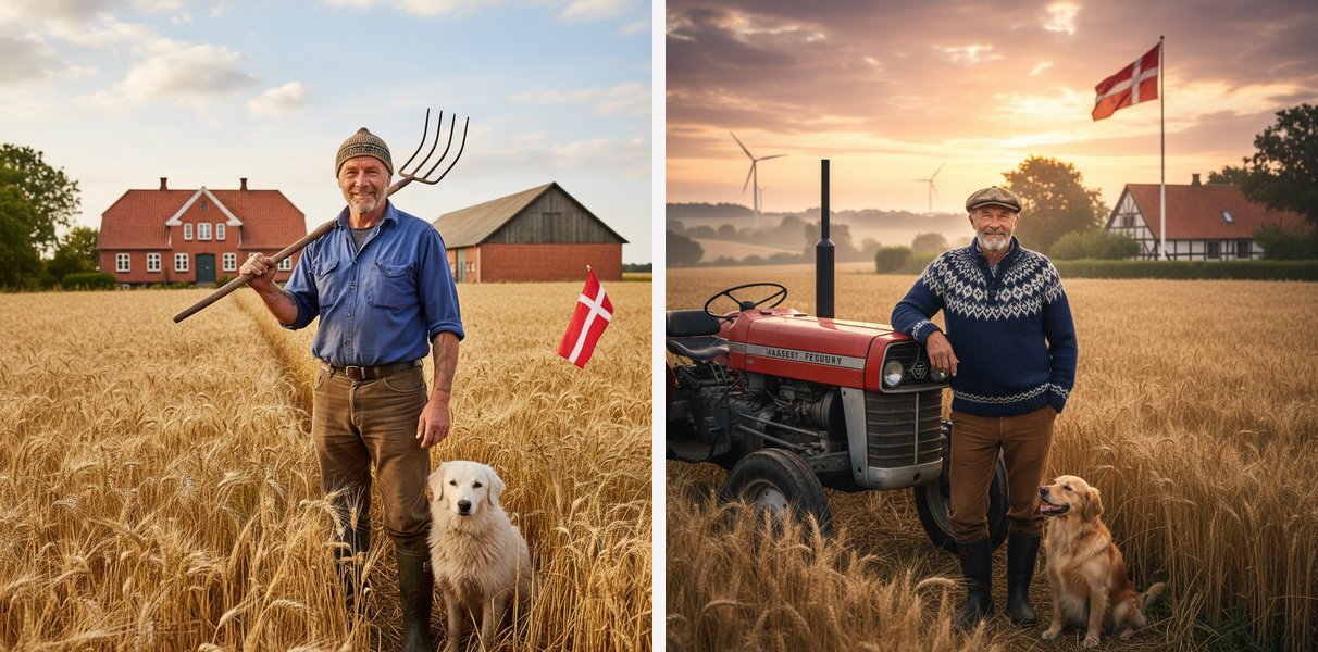Figure 1: Two AI-generated images of a Danish farmer side by side. Both show a middle-aged white man in a grain field at sunset. The left image shows a small Danish flag held without a flagpole, hovering among the wheat stalks. The right image shows the same scene with a Danish flag on a proper flagpole beside a farmhouse, a tractor, and a dog.